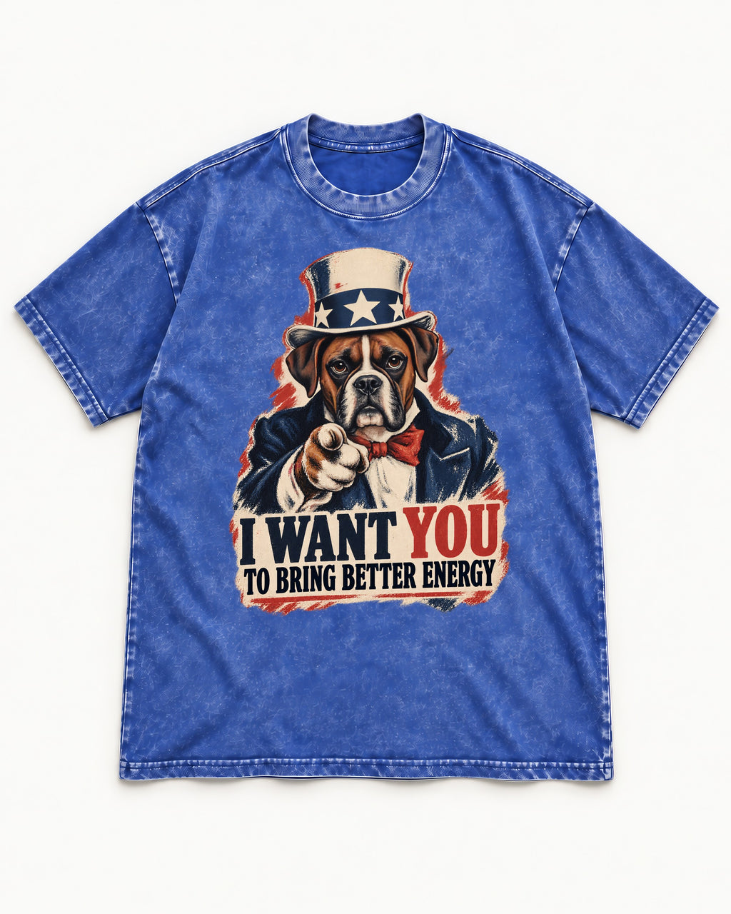 I Want You to Bring Better Energy Boxer Recruitment Poster Graphic Washed Tee in Royal Blue, flat lay product photo