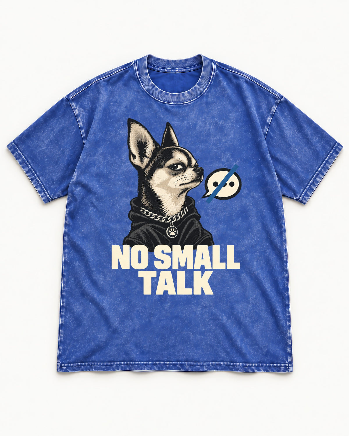 Chihuahua No Small Talk Speech-Off Portrait Graphic Washed Tee in Royal Blue, flat lay product photo