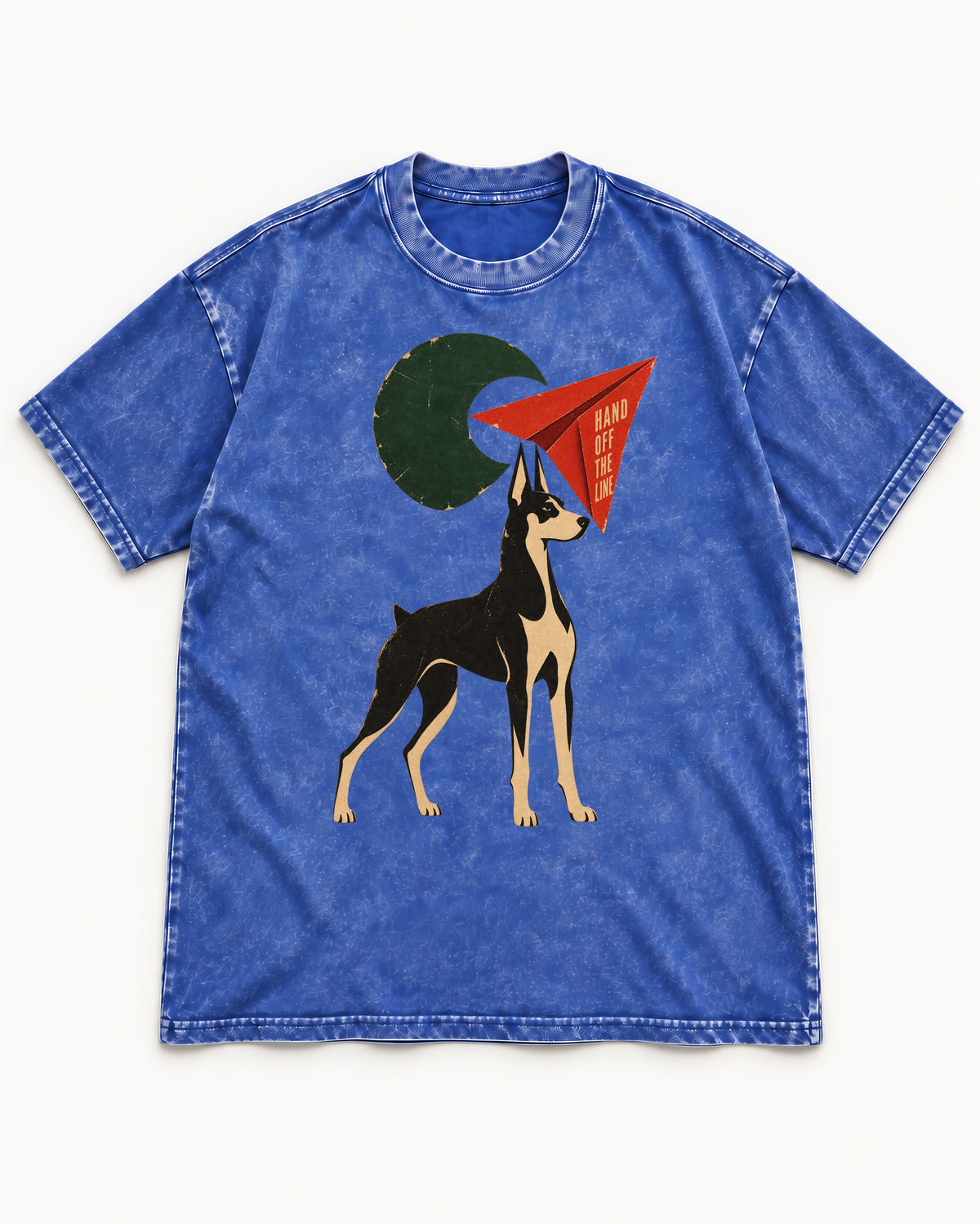 Doberman Hand Off the Line Paper Plane Graphic Washed Tee in Royal Blue, flat lay product photo