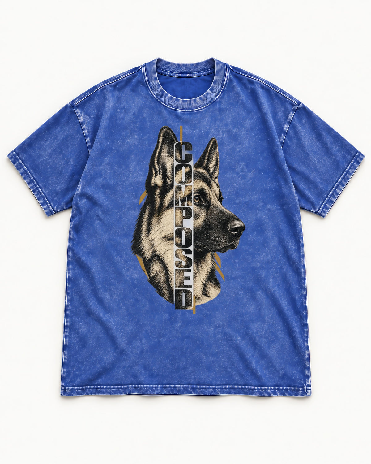 Composed Profile German Shepherd Dog Graphic Washed Tee in Royal Blue, flat lay product photo