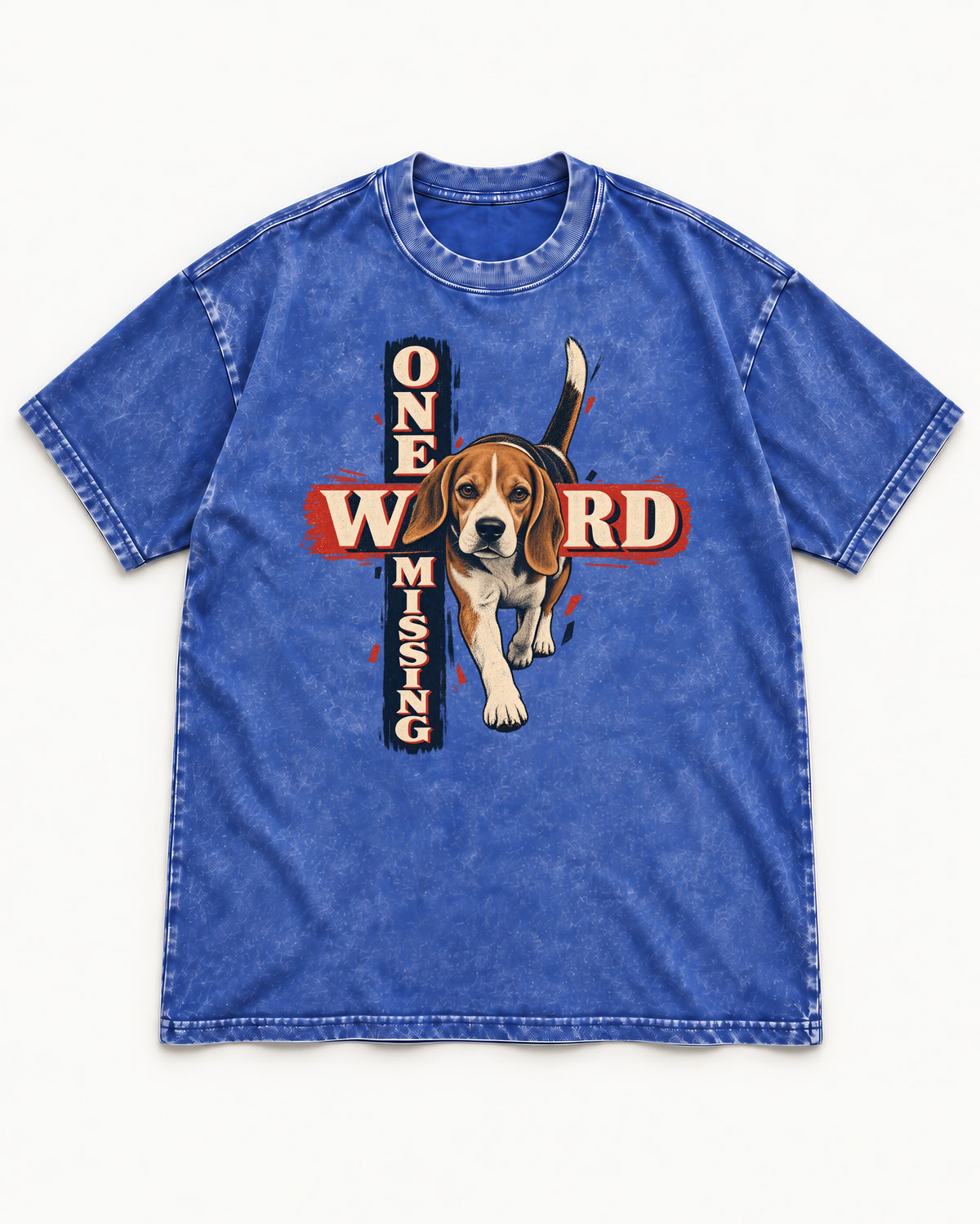 Beagle One Word Missing Washed Tee in Royal Blue, flat lay product photo