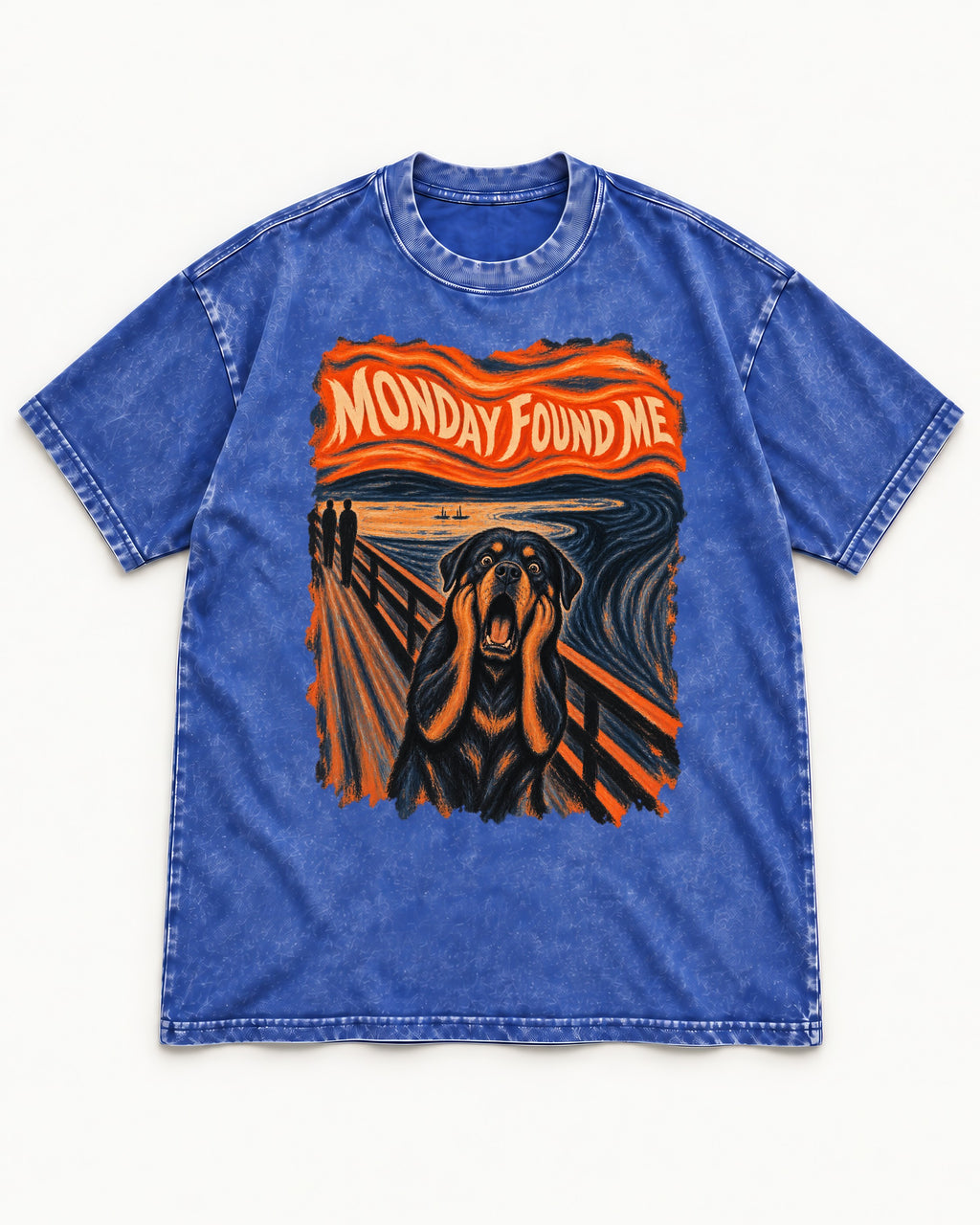 Rottweiler Monday Found Me Scream Parody Graphic Washed Tee in Royal Blue, flat lay product photo