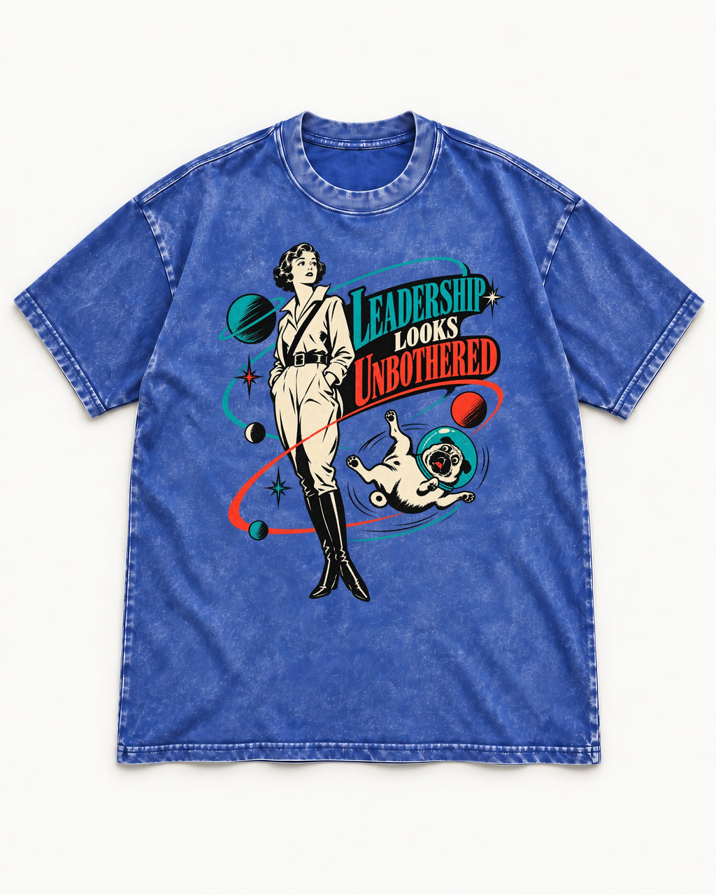 Pug Leadership Looks Unbothered Space Graphic Washed Tee in Royal Blue, flat lay product photo