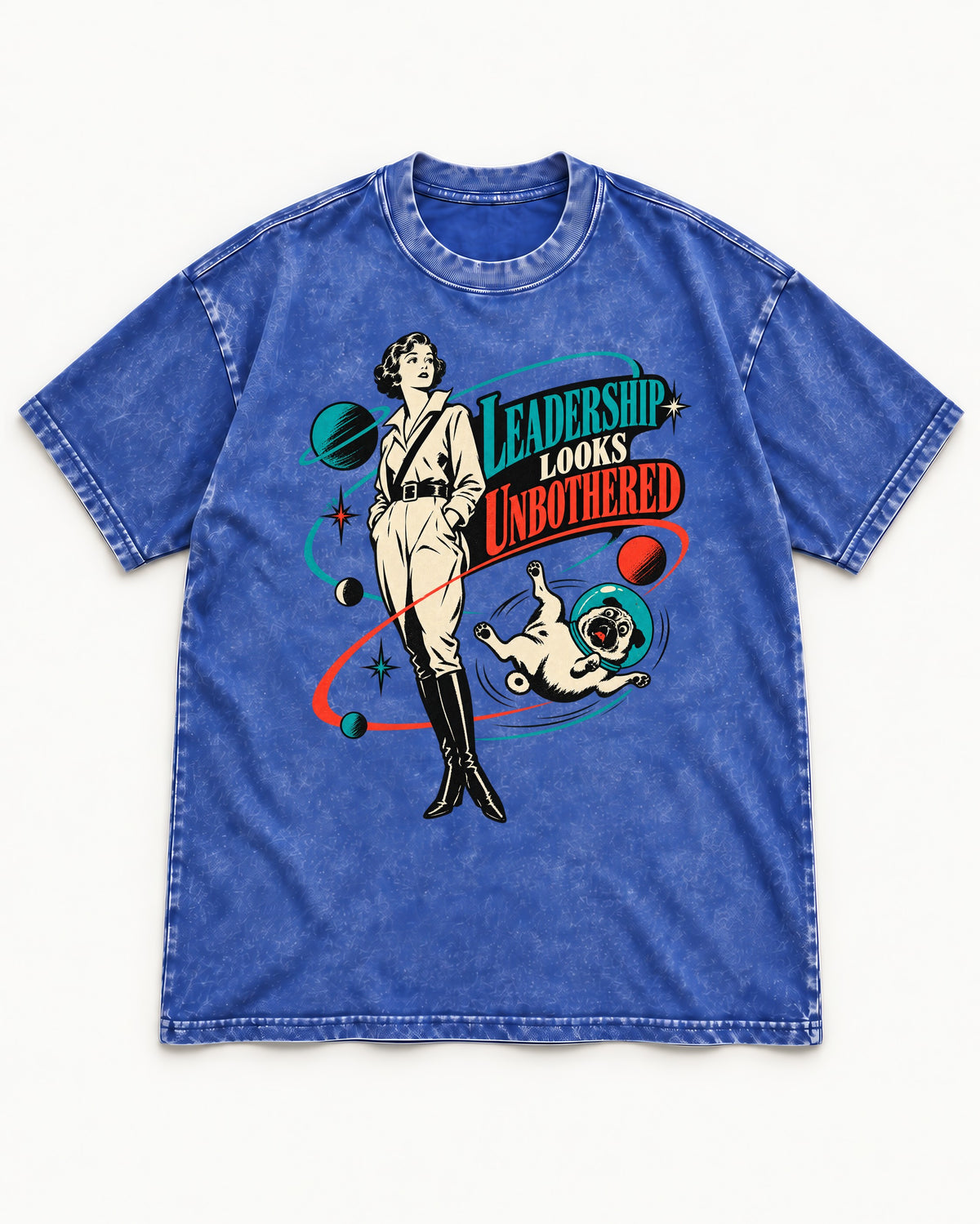 Pug Leadership Looks Unbothered Space Graphic Washed Tee in Royal Blue, flat lay product photo