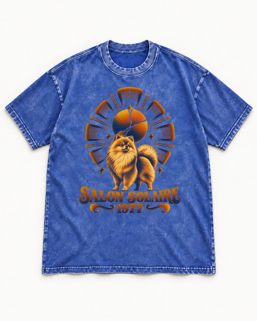 Pomeranian Salon Solaire 1977 Hairbrush Halo Graphic Washed Tee in Royal Blue, flat lay product photo