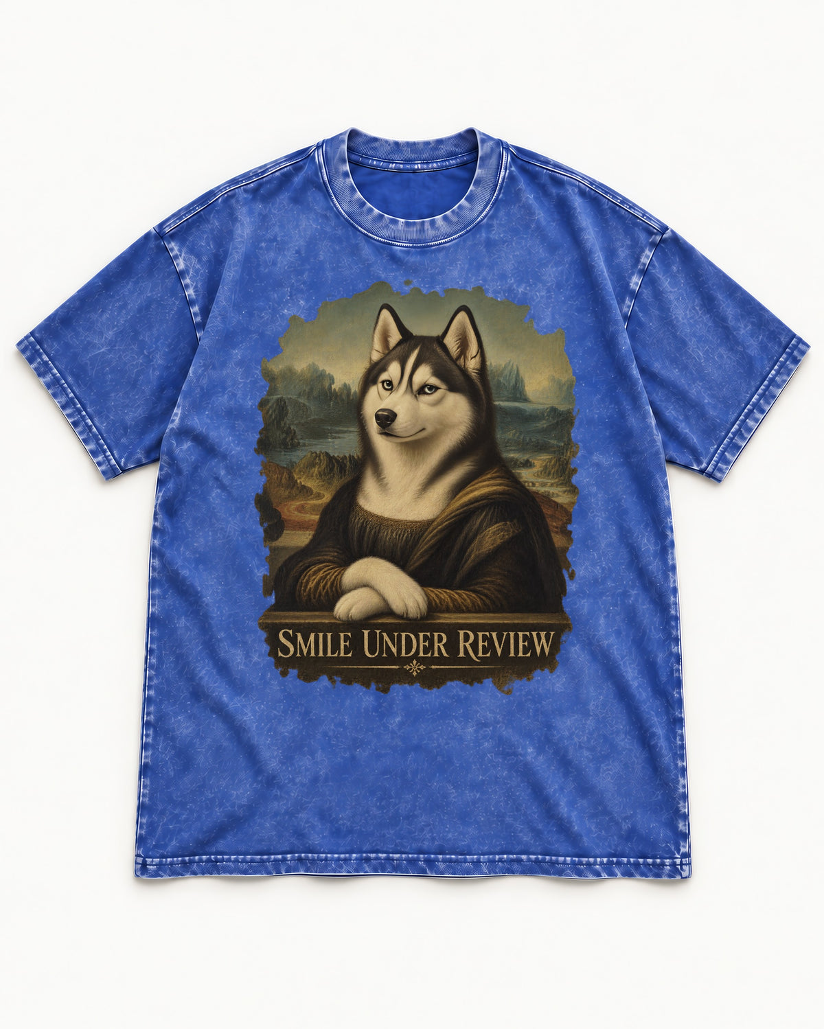 Husky Smile Under Review Renaissance Portrait Graphic Washed Tee in Royal Blue, flat lay product photo
