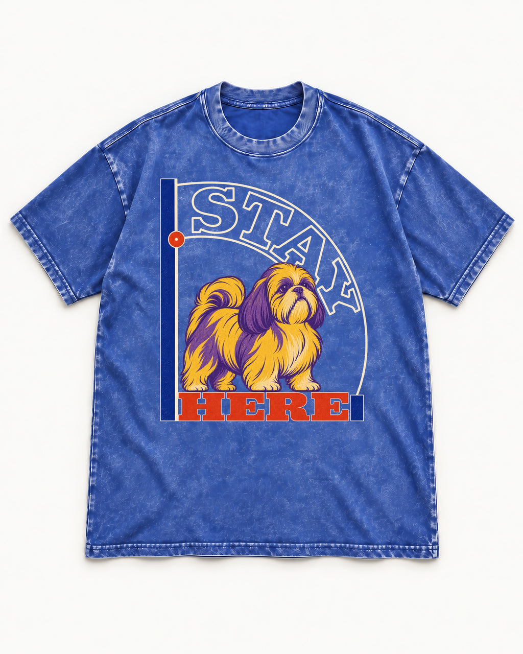 Shih Tzu Stay Here Semicircle Sign Graphic Washed Tee in Royal Blue, flat lay product photo