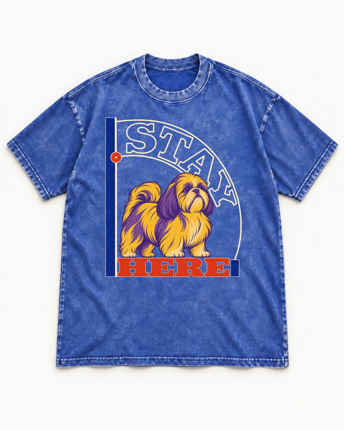 Shih Tzu Stay Here Semicircle Sign Graphic Washed Tee in Royal Blue, flat lay product photo