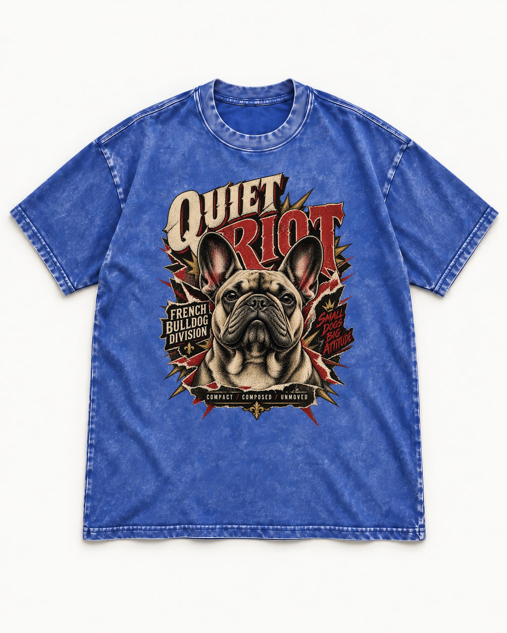 Frenchie Quiet Riot Division Emblem Washed Tee in Royal Blue, flat lay product photo