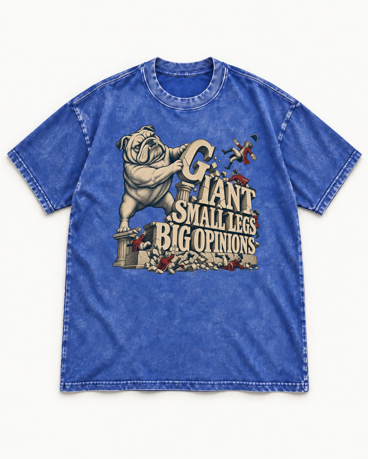 English Bulldog Giant Small Legs Big Opinions Monument Graphic Washed Tee in Royal Blue, flat lay product photo