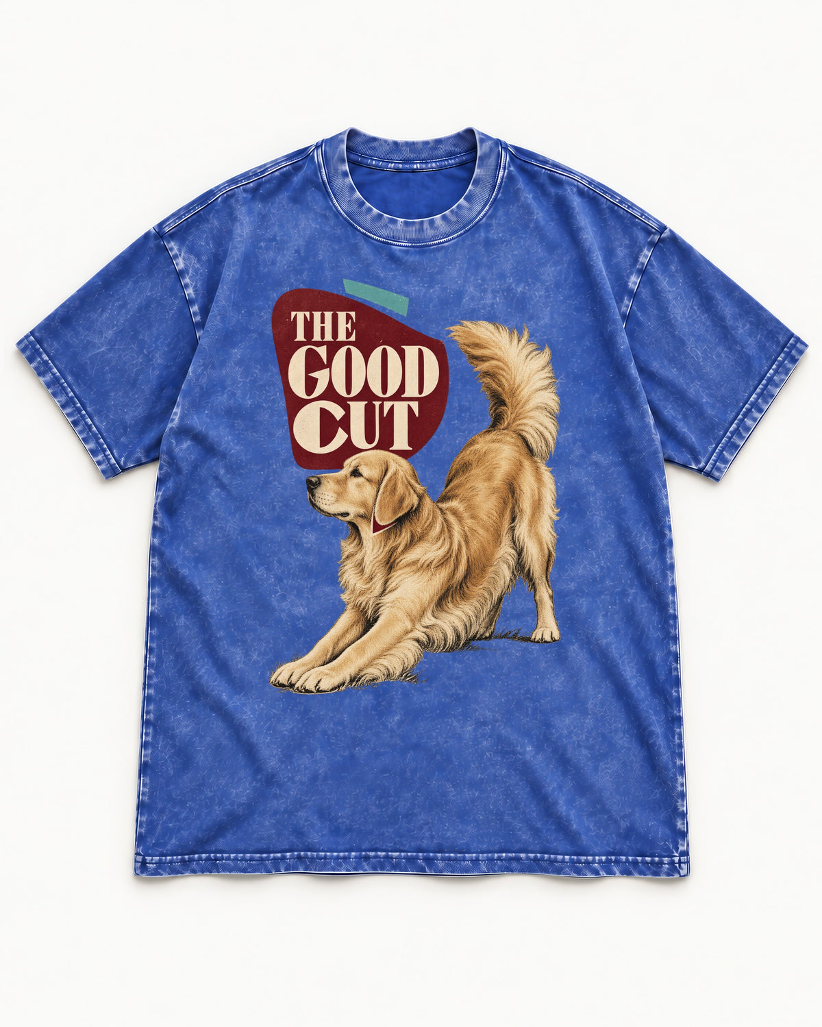 Golden Retriever The Good Cut Play Bow Graphic Washed Tee in Royal Blue, flat lay product photo
