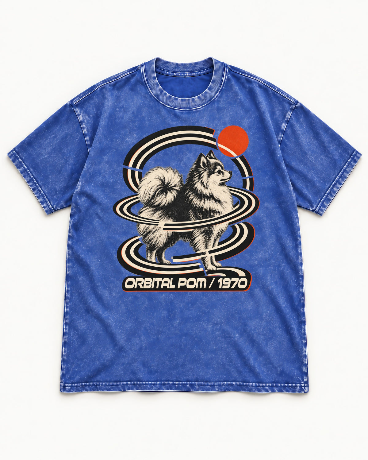 Pomeranian Orbital Pom 1970 Space Age Graphic Washed Tee in Royal Blue, flat lay product photo