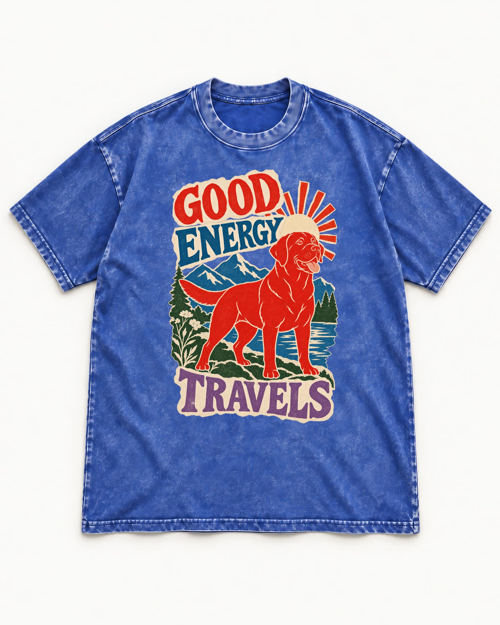 Labrador Retriever Good Energy Travels Adventure Graphic Washed Tee in Royal Blue, flat lay product photo