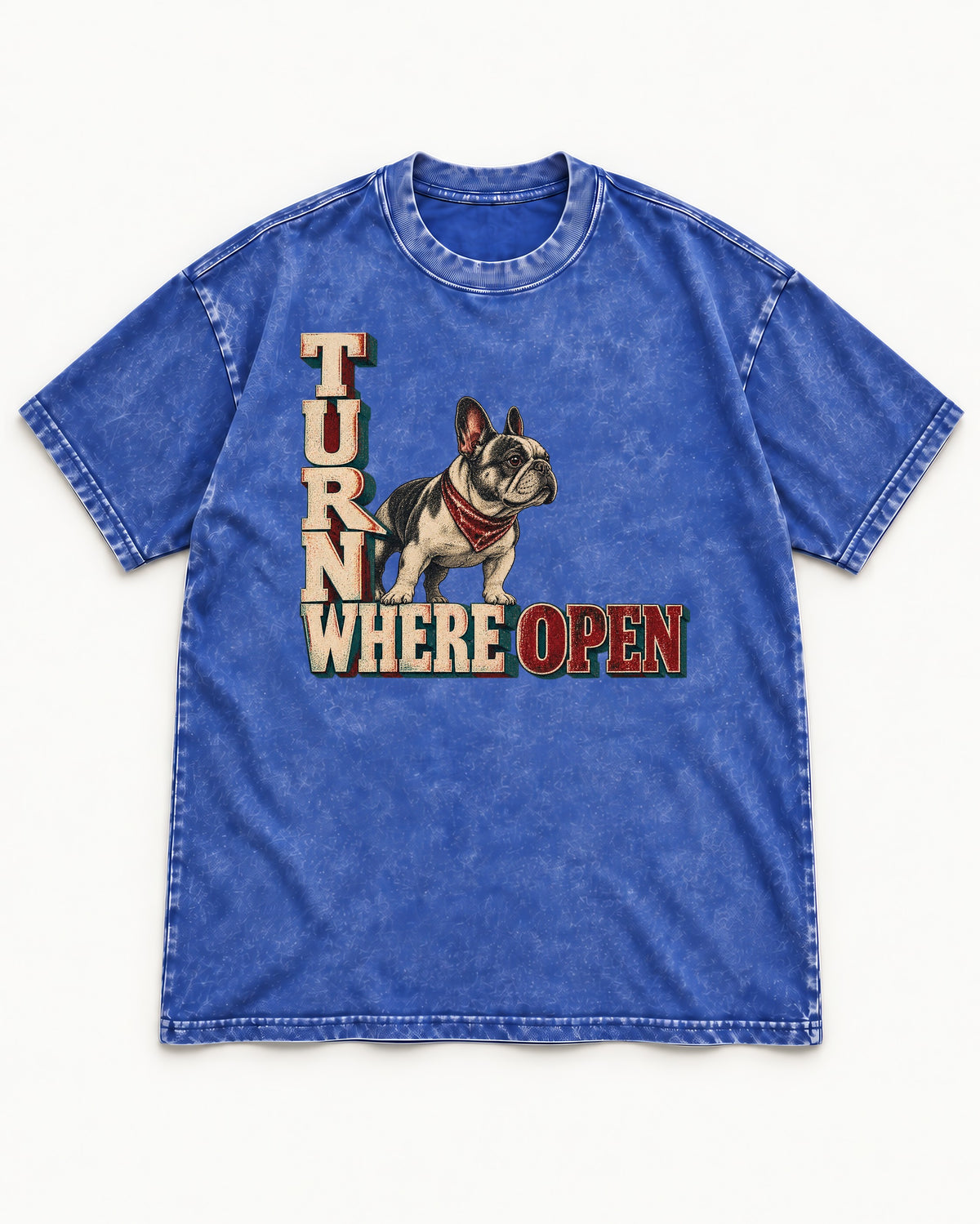 Turn Where Open Frenchie Washed Tee in Royal Blue, flat lay product photo