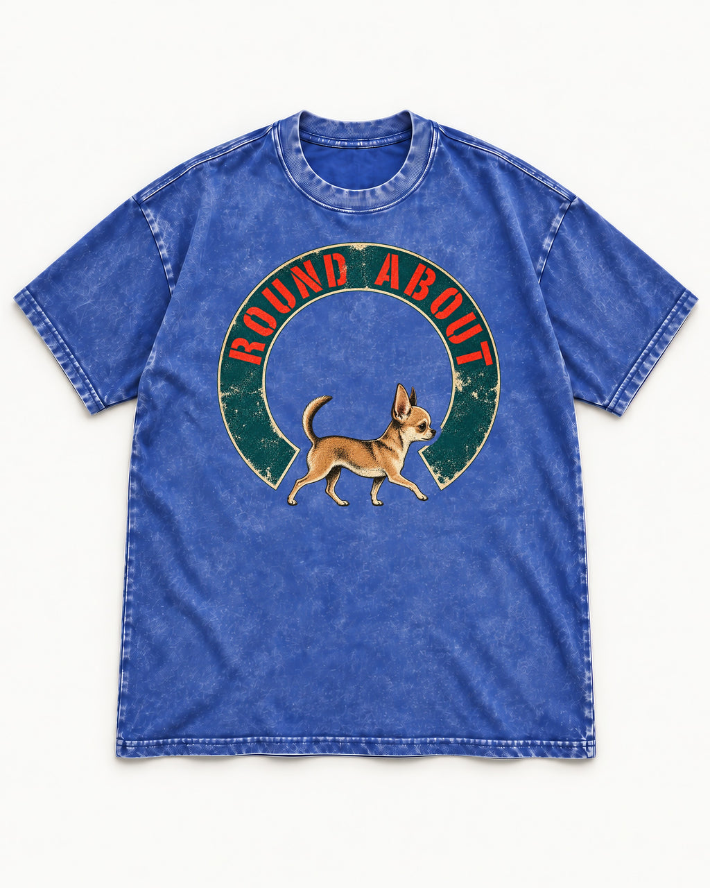 Round About Chihuahua Emblem Graphic Washed Tee in Royal Blue, flat lay product photo