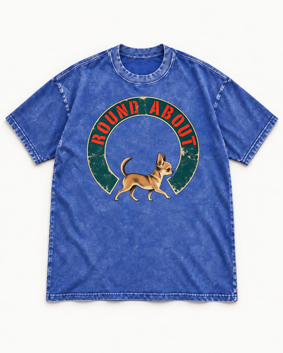 Round About Chihuahua Emblem Graphic Washed Tee in Royal Blue, flat lay product photo