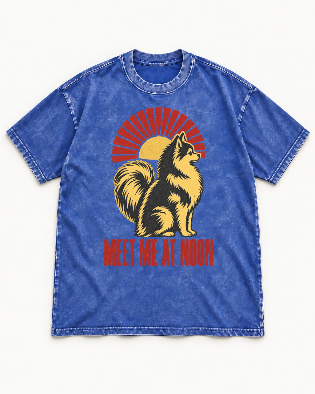 Pomeranian Meet Me at Noon Sunburst Graphic Washed Tee in Royal Blue, flat lay product photo