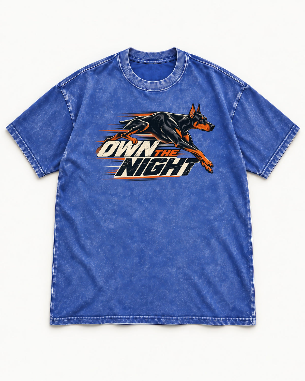 Doberman Own the Night Speed Graphic Washed Tee in Royal Blue, flat lay product photo