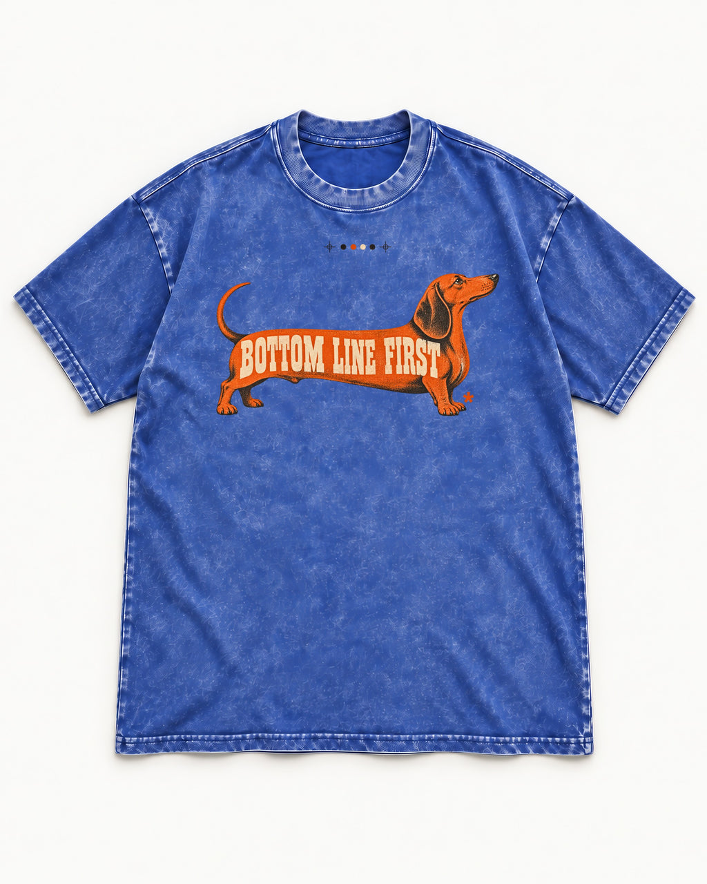 Dachshund Bottom Line First Body Lettering Graphic Washed Tee in Royal Blue, flat lay product photo