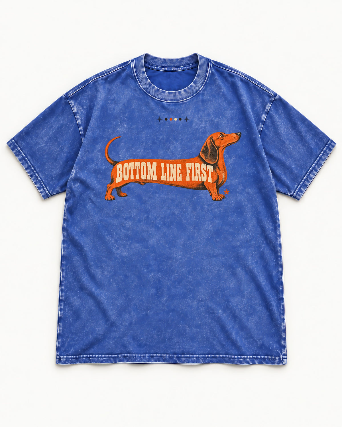 Dachshund Bottom Line First Body Lettering Graphic Washed Tee in Royal Blue, flat lay product photo