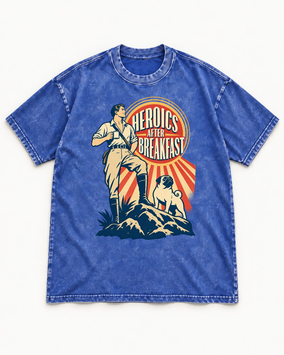Pug Heroics After Breakfast Adventure Graphic Washed Tee in Royal Blue, flat lay product photo