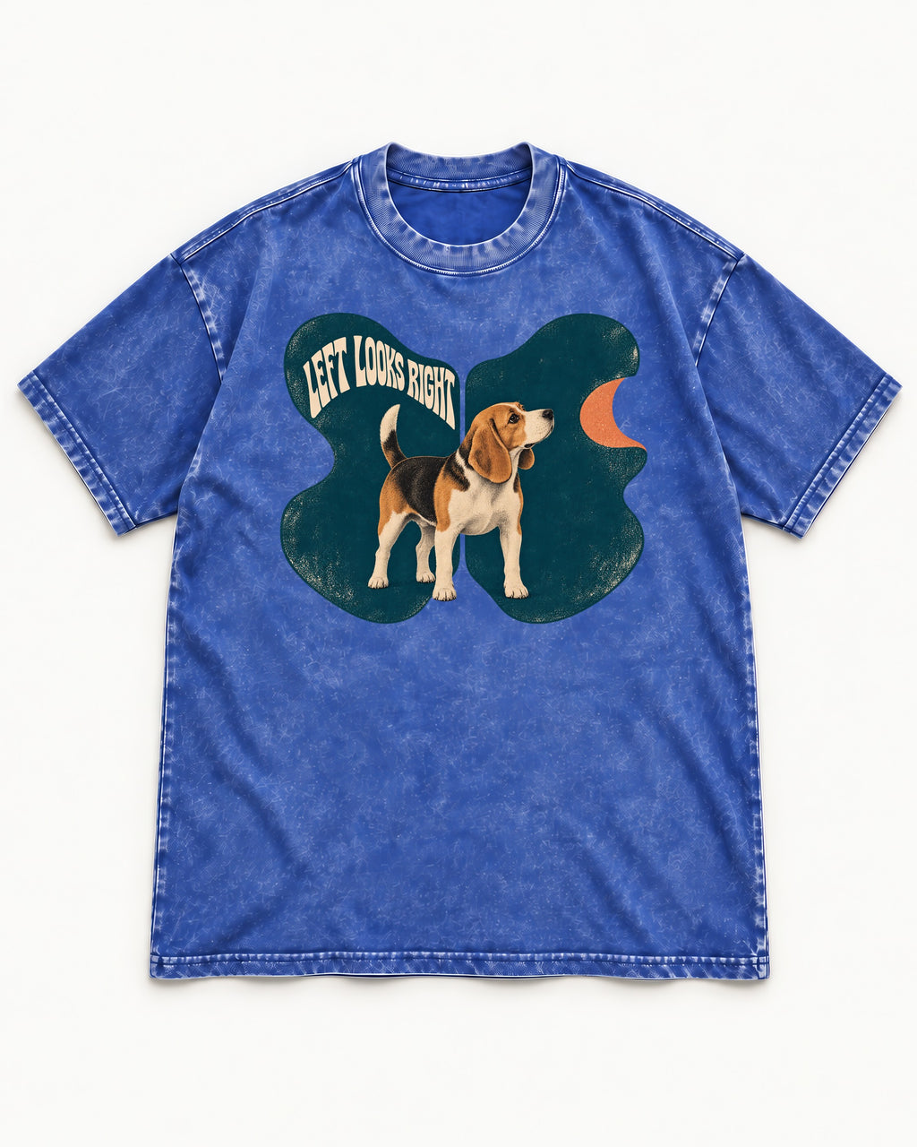 Left Looks Right Beagle Abstract Shapes Washed Tee in Royal Blue, flat lay product photo