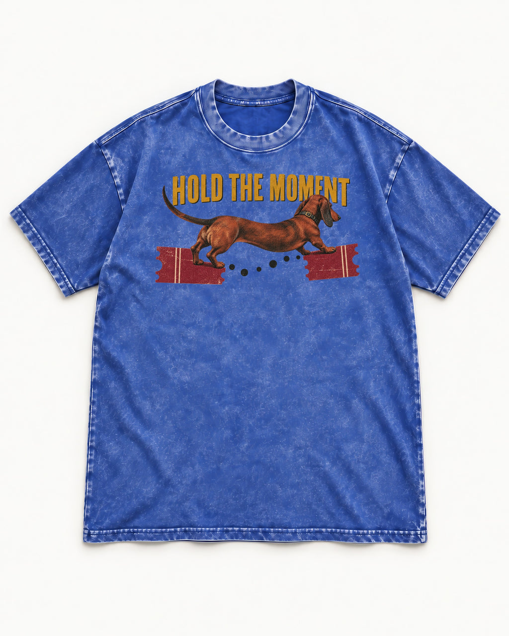Dachshund Hold The Moment Torn Ticket Bridge Graphic Washed Tee in Royal Blue, flat lay product photo