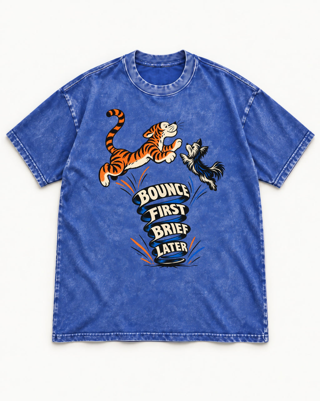 Yorkshire Terrier Bounce First Brief Later Tiger Graphic Washed Tee in Royal Blue, flat lay product photo
