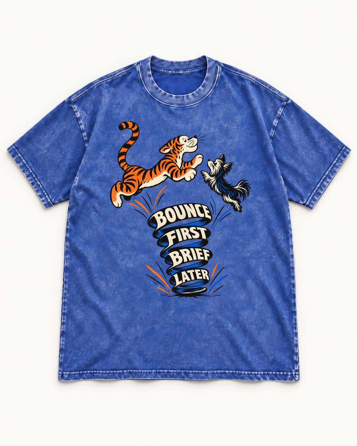 Yorkshire Terrier Bounce First Brief Later Tiger Graphic Washed Tee in Royal Blue, flat lay product photo