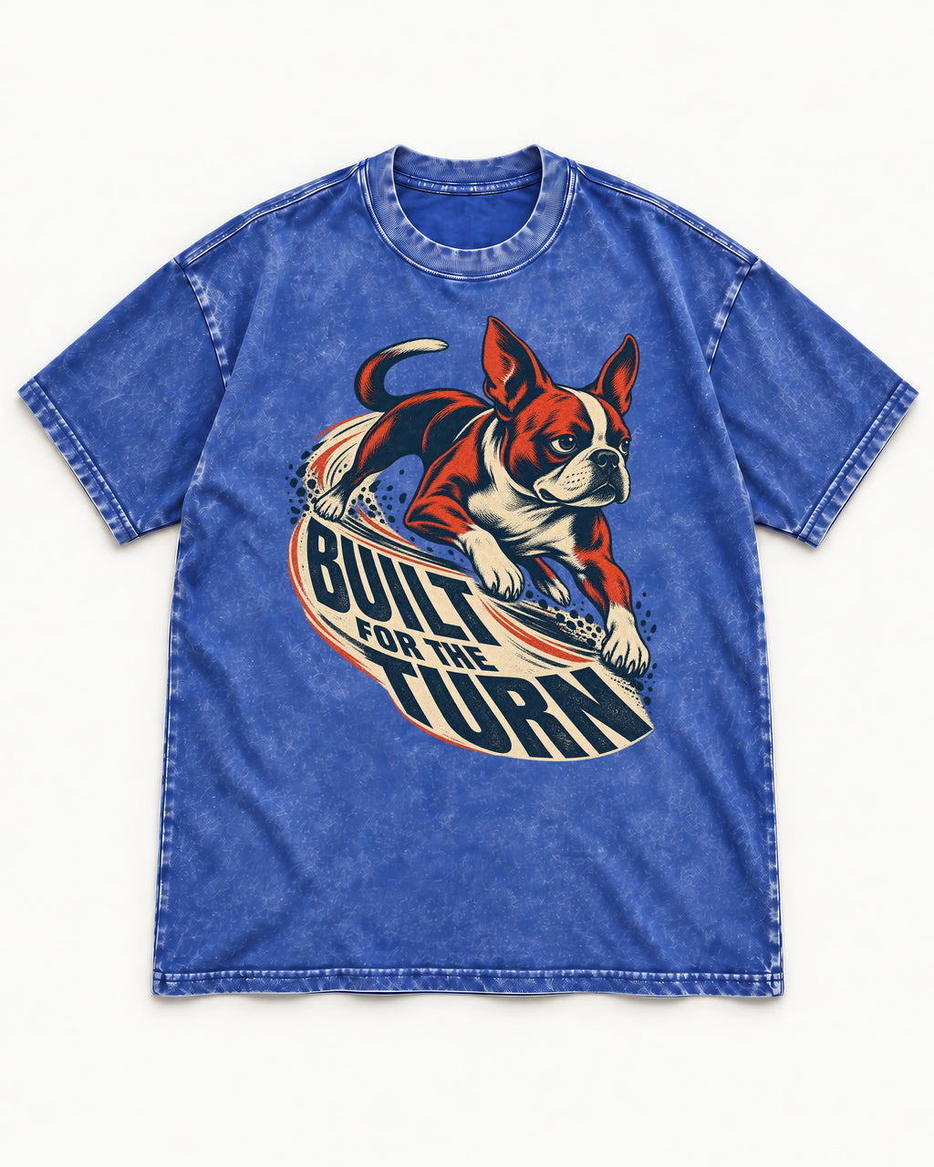 Built for the Turn Boston Terrier Washed Tee in Royal Blue, flat lay product photo