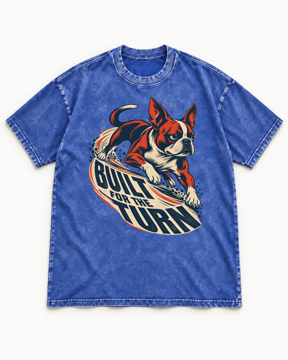 Built for the Turn Boston Terrier Washed Tee in Royal Blue, flat lay product photo