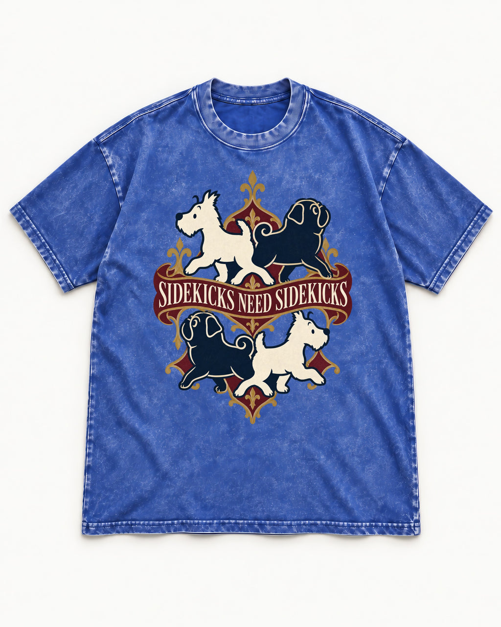 Pug Sidekicks Need Sidekicks Heraldic Graphic Washed Tee in Royal Blue, flat lay product photo