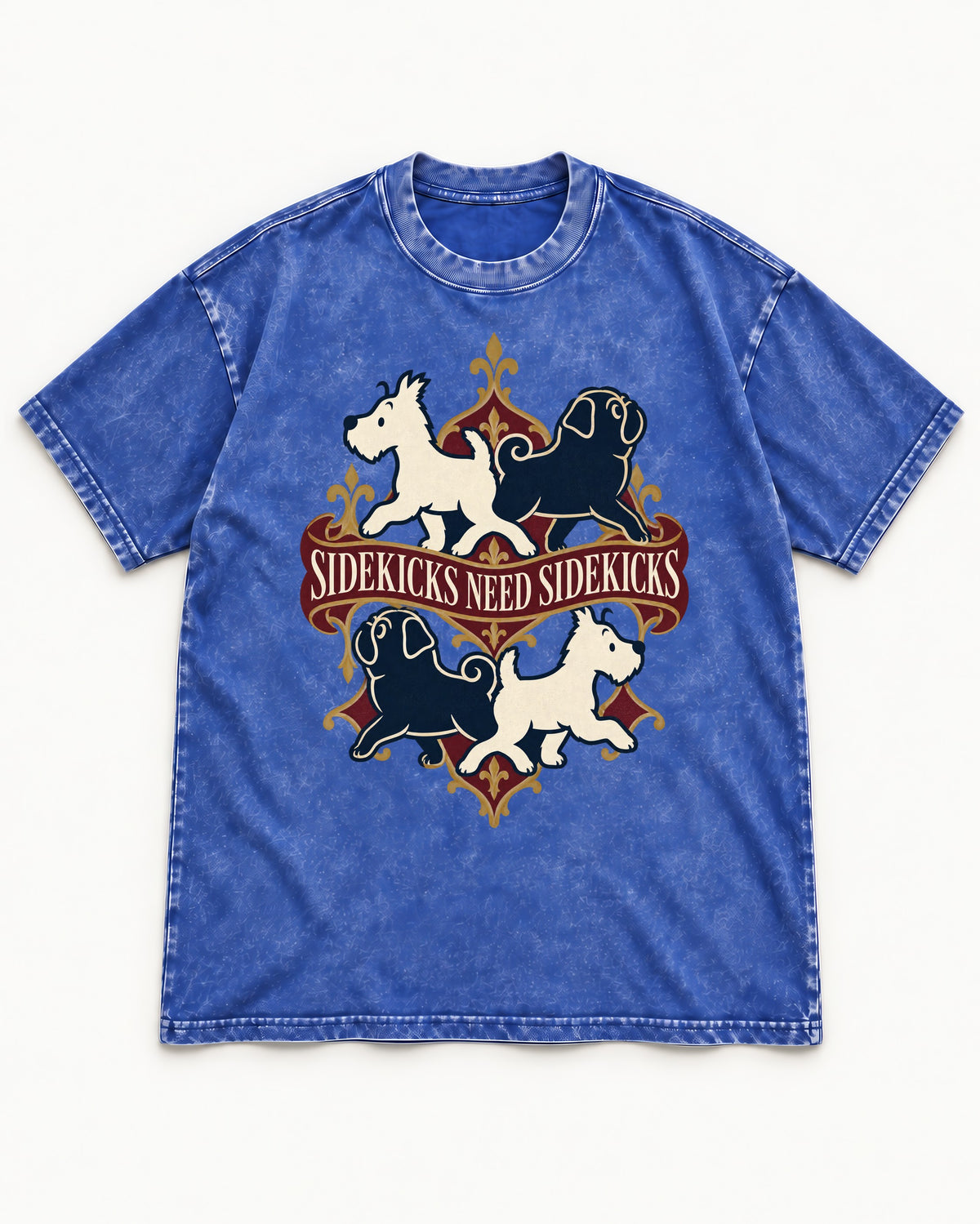 Pug Sidekicks Need Sidekicks Heraldic Graphic Washed Tee in Royal Blue, flat lay product photo