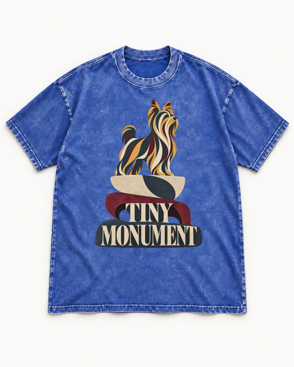 Yorkshire Terrier Tiny Monument Sculptural Plinth Graphic Washed Tee in Royal Blue, flat lay product photo