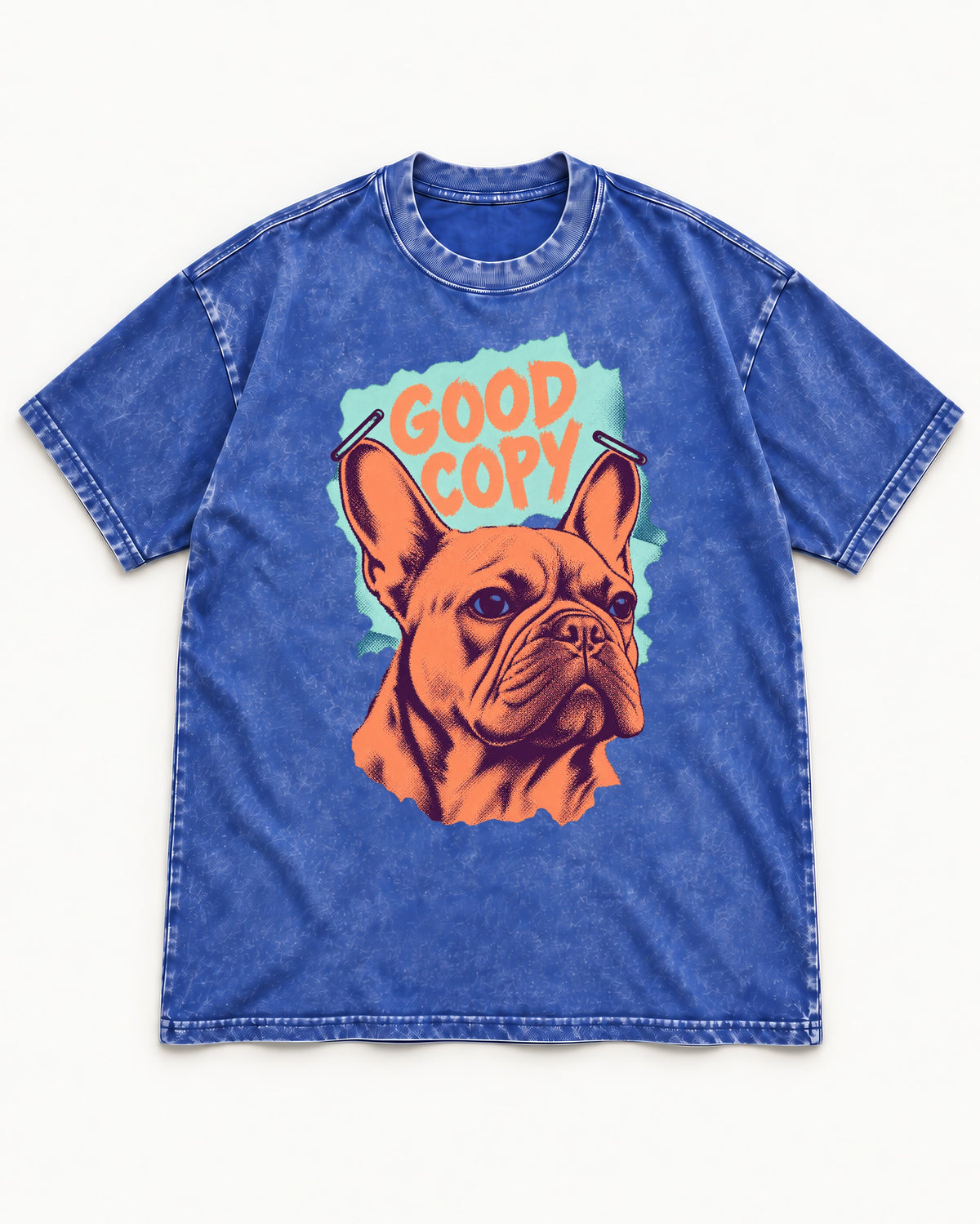 Frenchie Good Copy Stapled Zine Graphic Washed Tee in Royal Blue, flat lay product photo