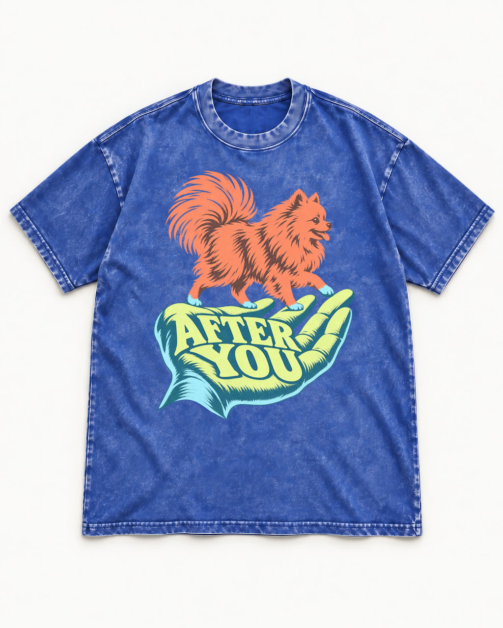 Pomeranian After You Helping Hand Graphic Washed Tee in Royal Blue, flat lay product photo