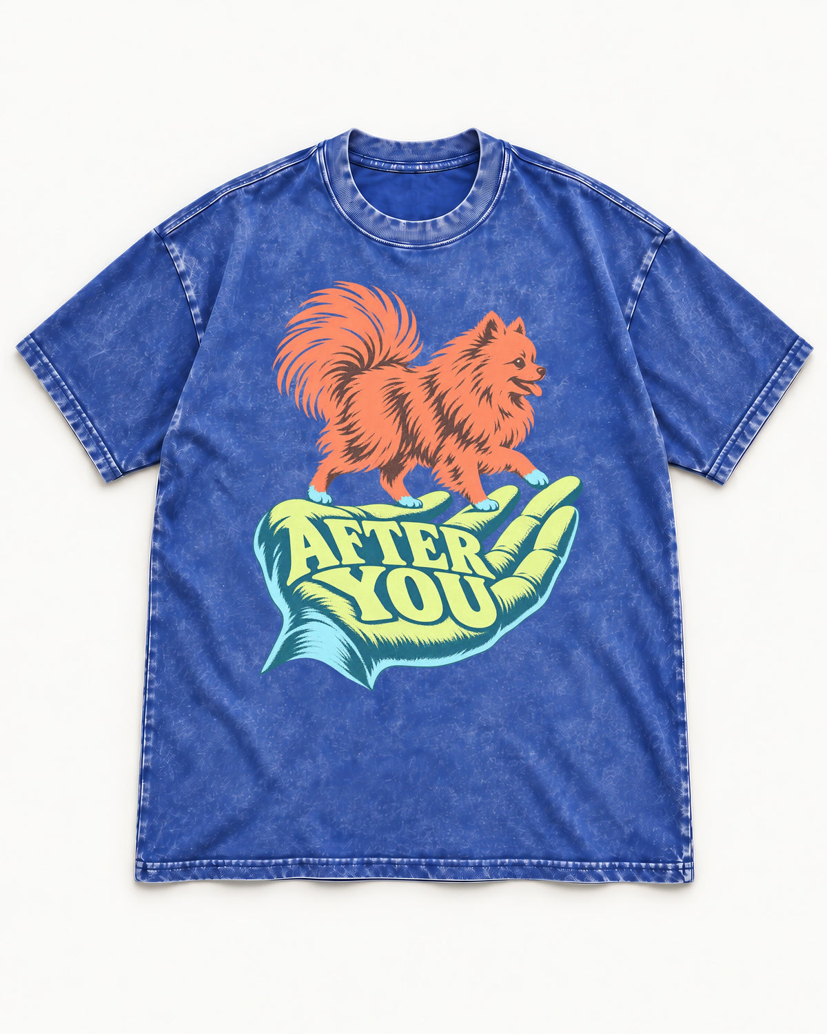 Pomeranian After You Helping Hand Graphic Washed Tee in Royal Blue, flat lay product photo