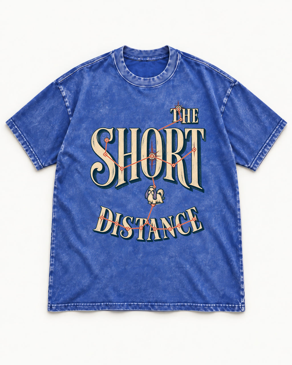 Shih Tzu The Short Distance Route Graphic Washed Tee in Royal Blue, flat lay product photo