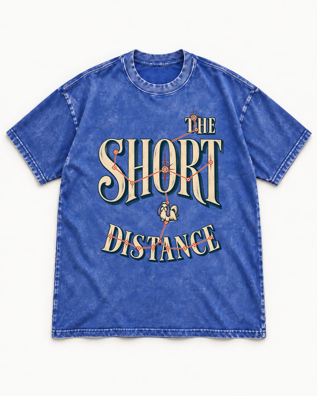 Shih Tzu The Short Distance Route Graphic Washed Tee in Royal Blue, flat lay product photo