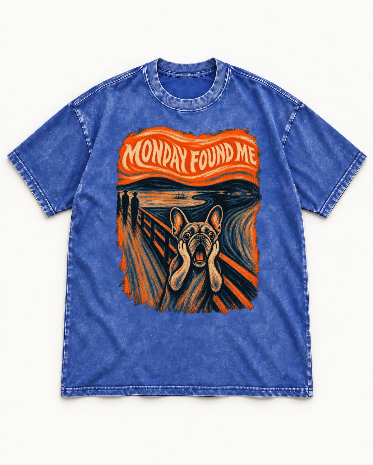 Frenchie Monday Found Me Scream Graphic 194 Washed Tee in Royal Blue, flat lay product photo