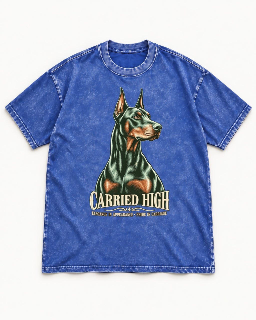 Doberman Carried High Portrait Graphic Washed Tee in Royal Blue, flat lay product photo