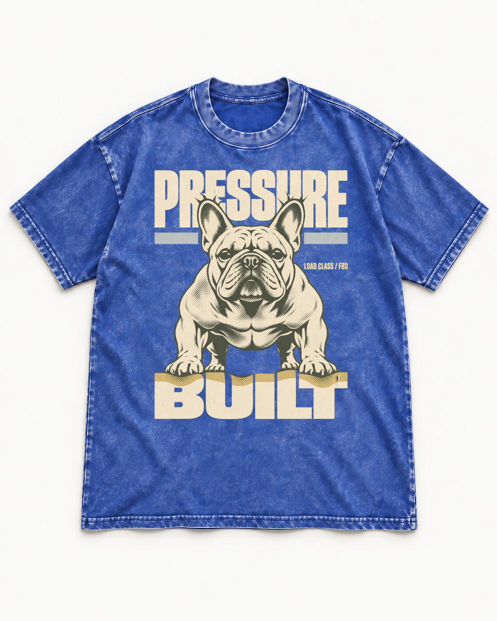 Frenchie Pressure Built Load Class Graphic Washed Tee in Royal Blue, flat lay product photo