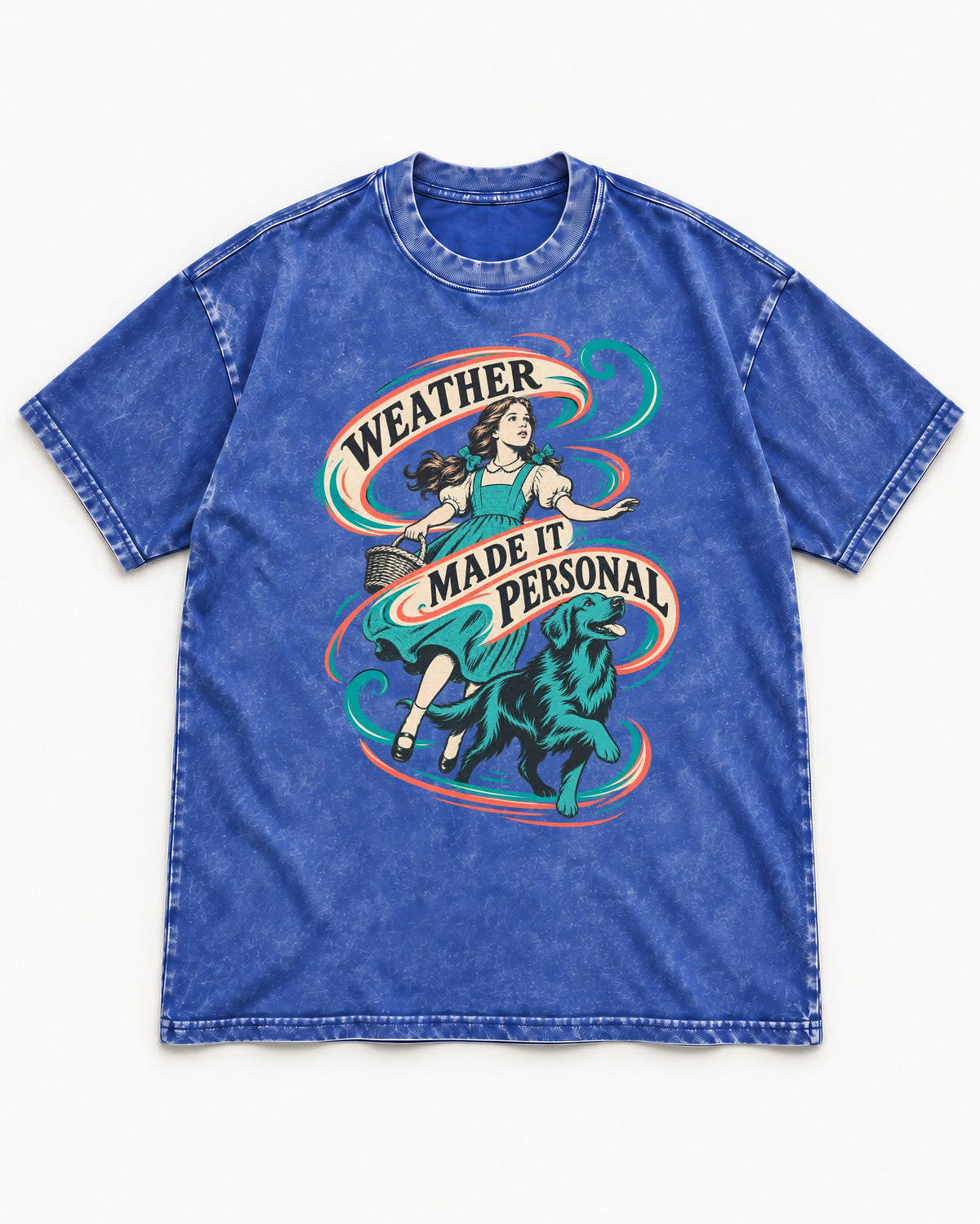 Golden Retriever Weather Made It Personal Woman Graphic Washed Tee in Royal Blue, flat lay product photo