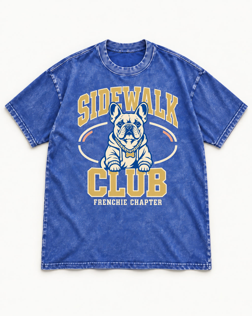 Frenchie Sidewalk Club Chapter Graphic Washed Tee in Royal Blue, flat lay product photo