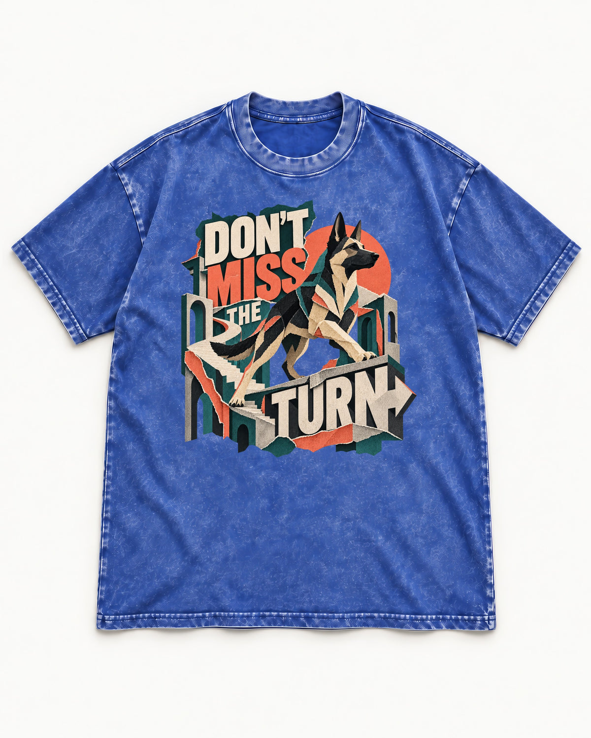 Dont Miss The Turn Escher Staircase German Shepherd Dog Graphic Washed Tee in Royal Blue, flat lay product photo