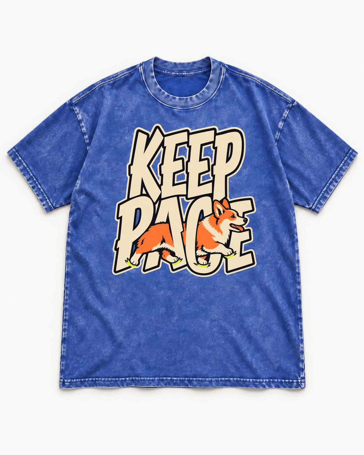 Corgi Keep Pace Running Typographic Graphic Washed Tee in Royal Blue, flat lay product photo