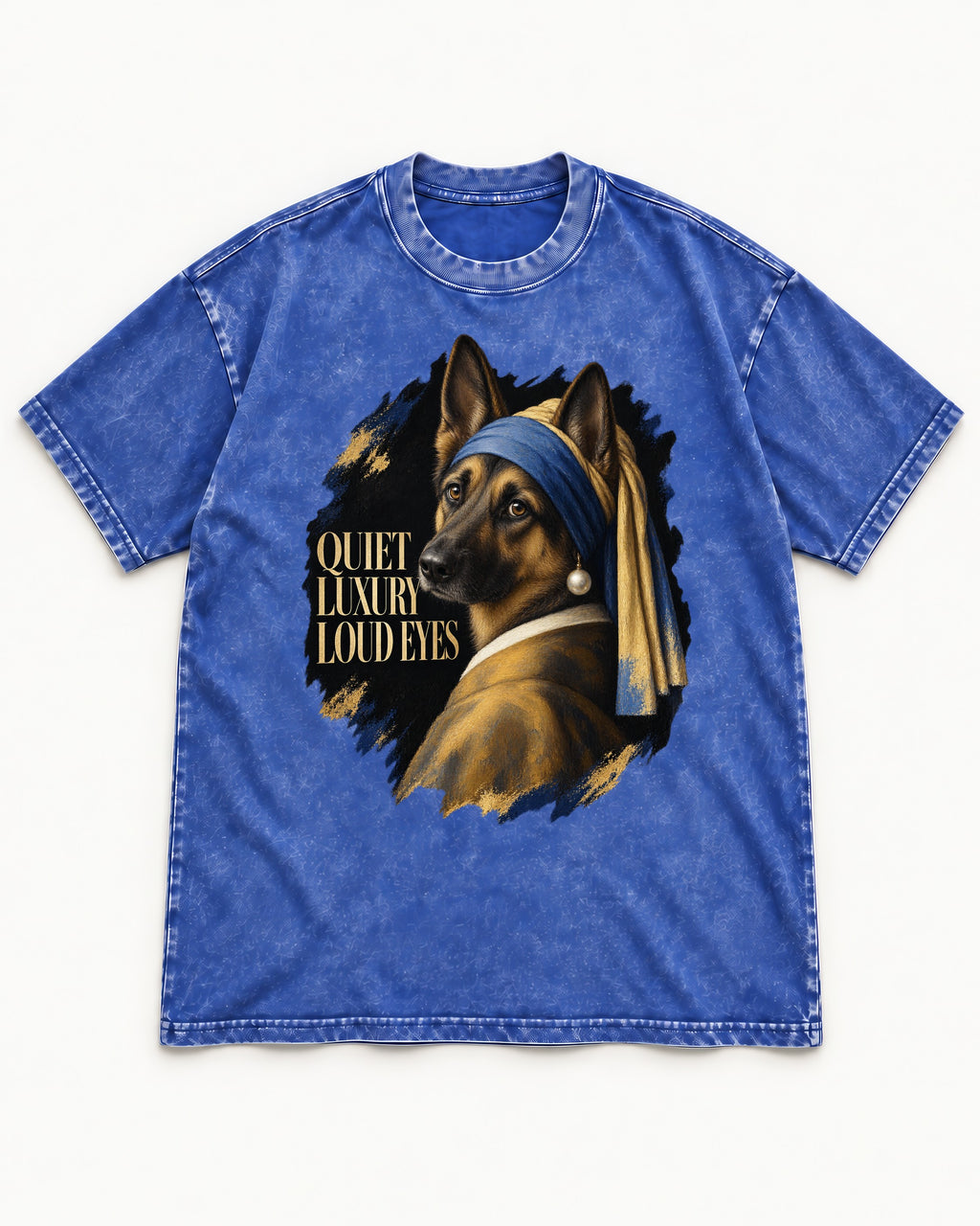 German Shepherd Dog Quiet Luxury Loud Eyes Pearl Portrait Washed Tee in Royal Blue, flat lay product photo