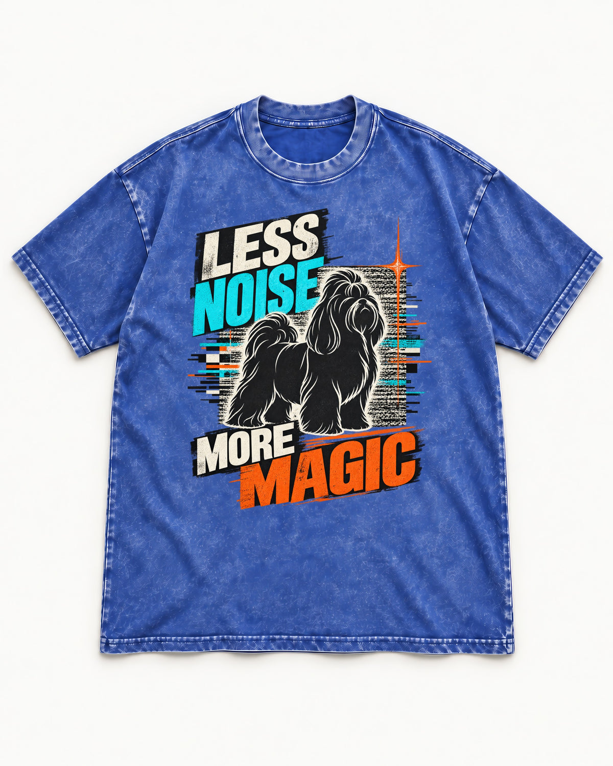 Shih Tzu Less Noise More Magic Pop Art Graphic Washed Tee in Royal Blue, flat lay product photo