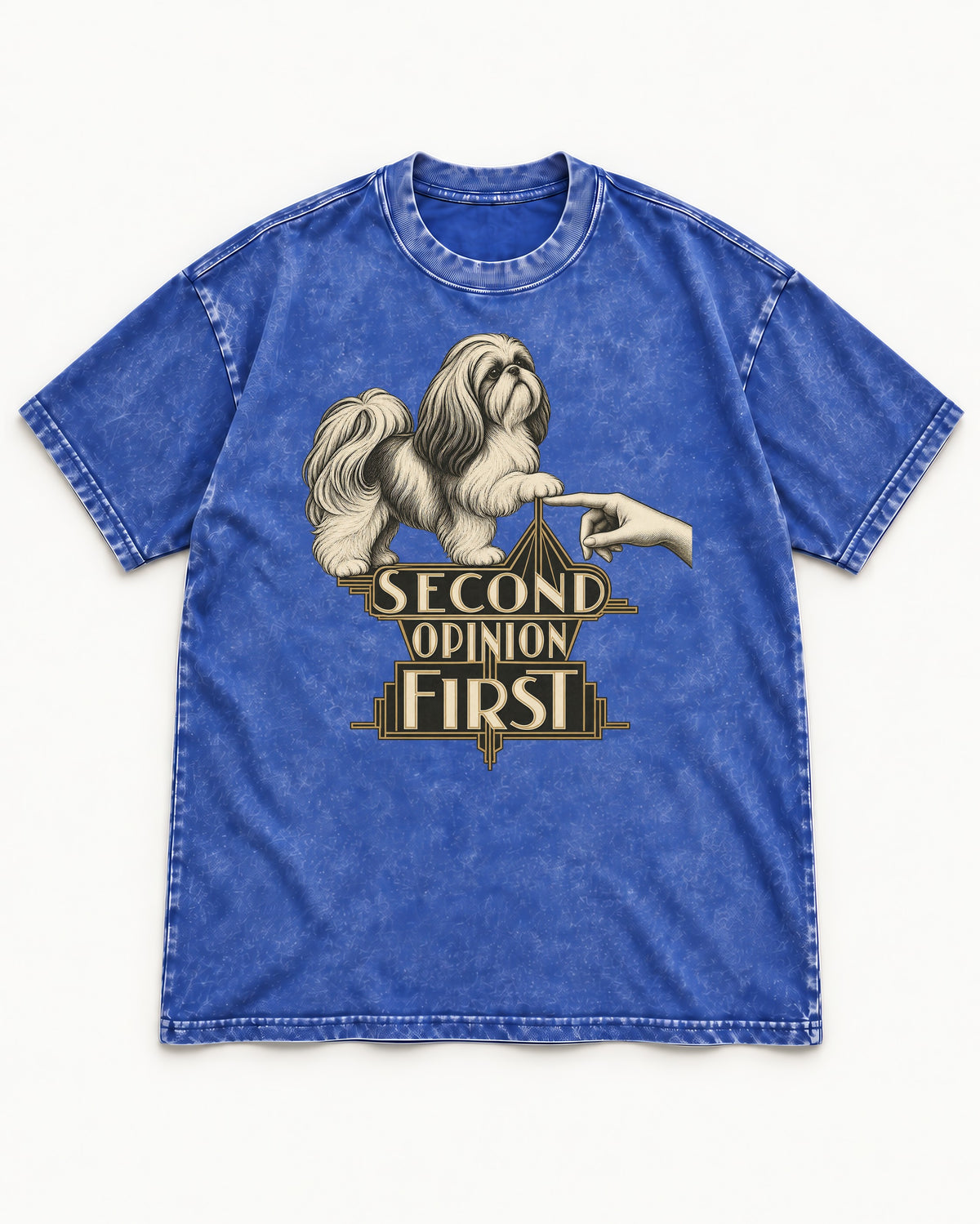 Shih Tzu Second Opinion First Art Deco Graphic Washed Tee in Royal Blue, flat lay product photo