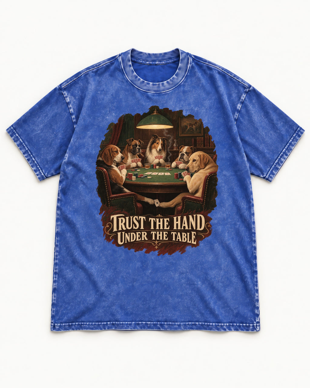 Labrador Retriever Trust the Hand Under the Table Poker Dogs Graphic Washed Tee in Royal Blue, flat lay product photo